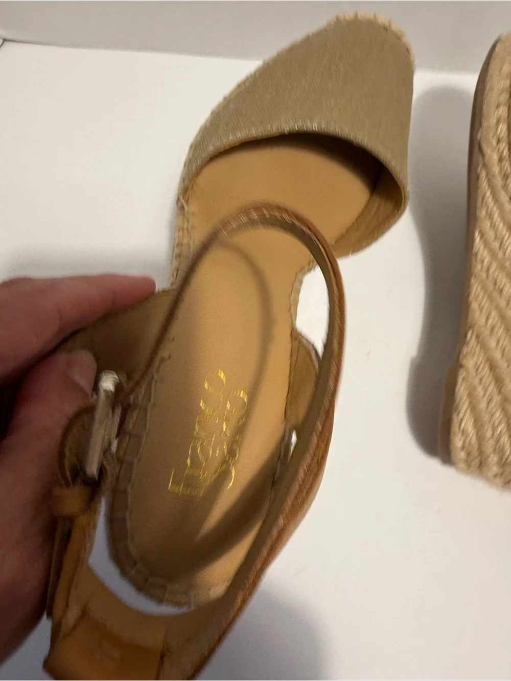 Franco Sarto Tan and Olive Canvas Espadrille Wedge Sandals